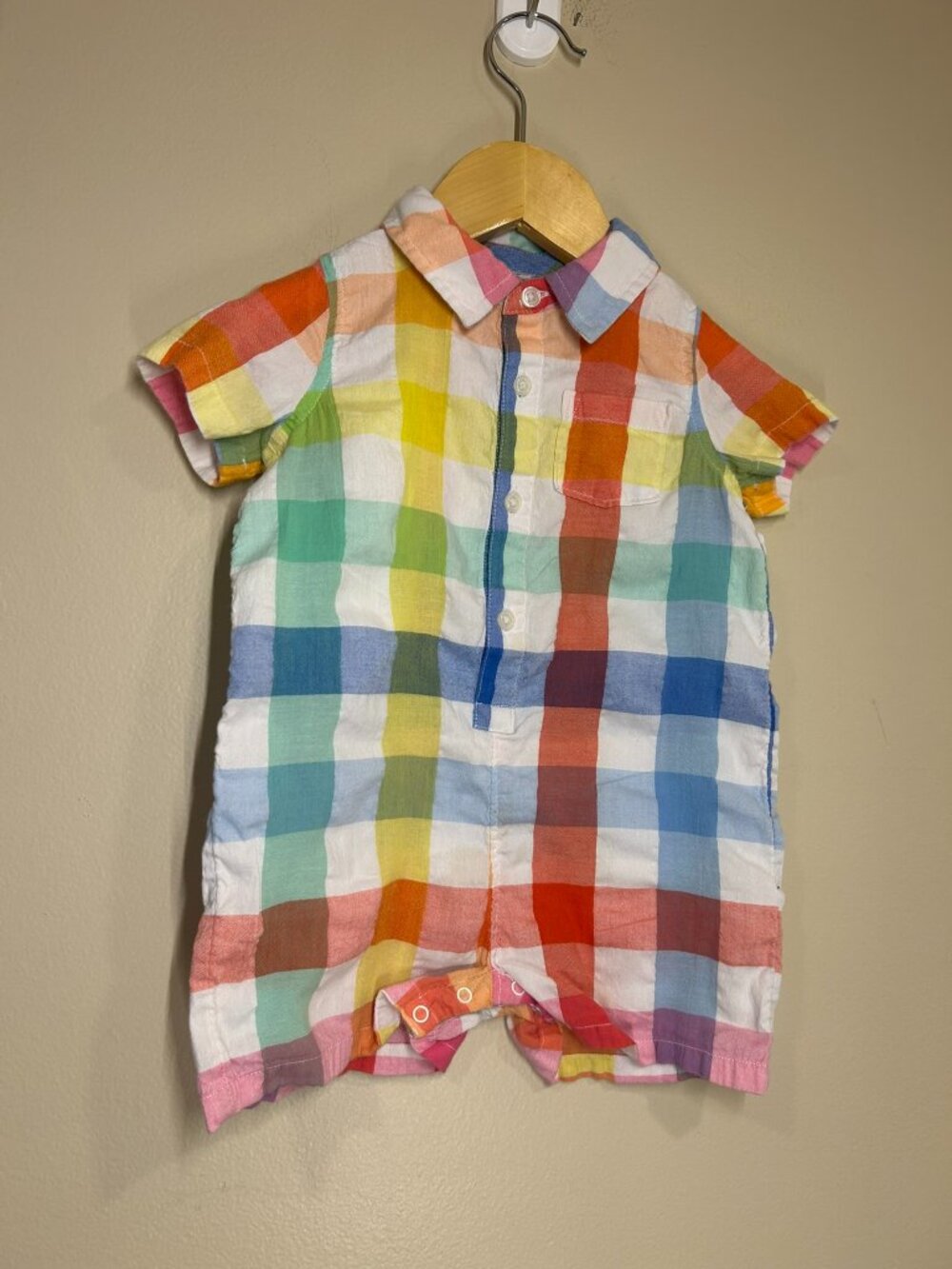6-12M Primary Rainbow Plaid Gingham Button Down Shortie